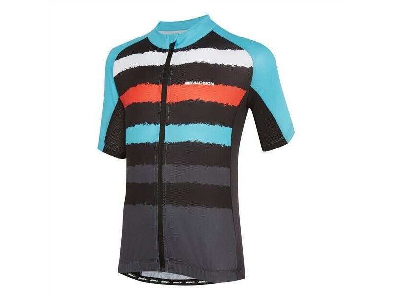 MADISON Clothing Sportive youth short sleeve jersey, torn stripes blue curaco/chilli red click to zoom image